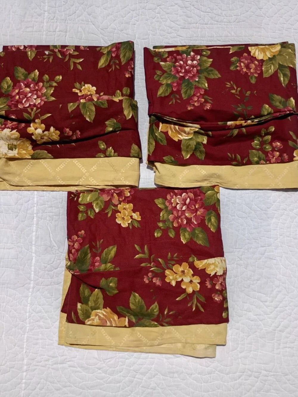 SET OF 3 Vintage Waverly Floral Manor Curtain Valances Dark Red Yellow Layered